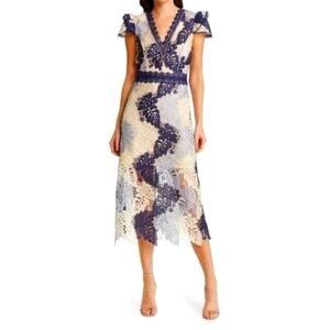 Adelyn Rae Palm Crochet Lace Blue V-Neck Flutter Sleeve Midi Size Dress Size S